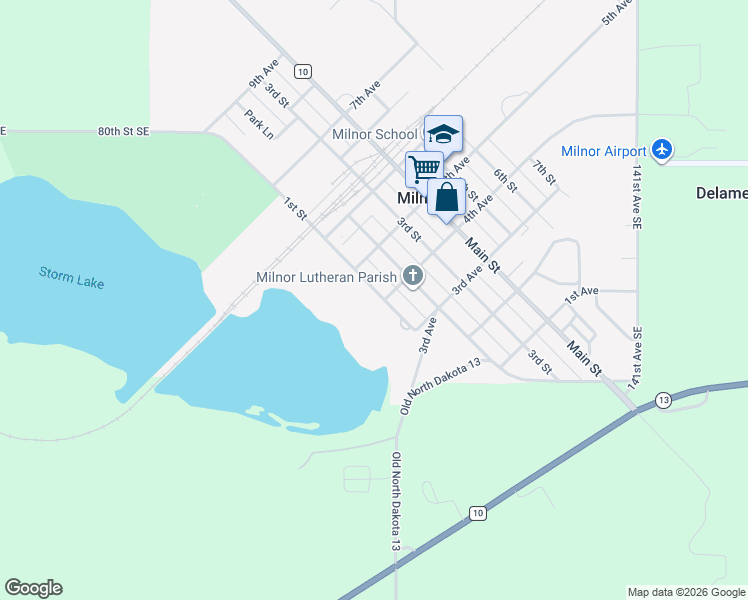 map of restaurants, bars, coffee shops, grocery stores, and more near 301 1st Street in Milnor