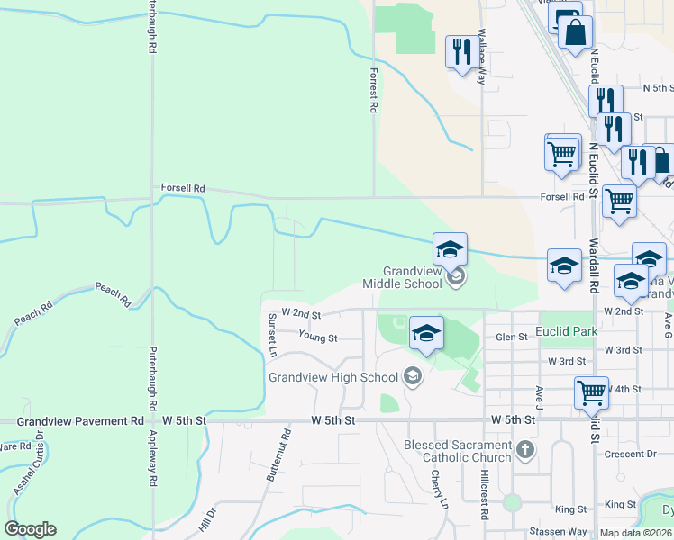 map of restaurants, bars, coffee shops, grocery stores, and more near 1809 West 2nd Street in Grandview