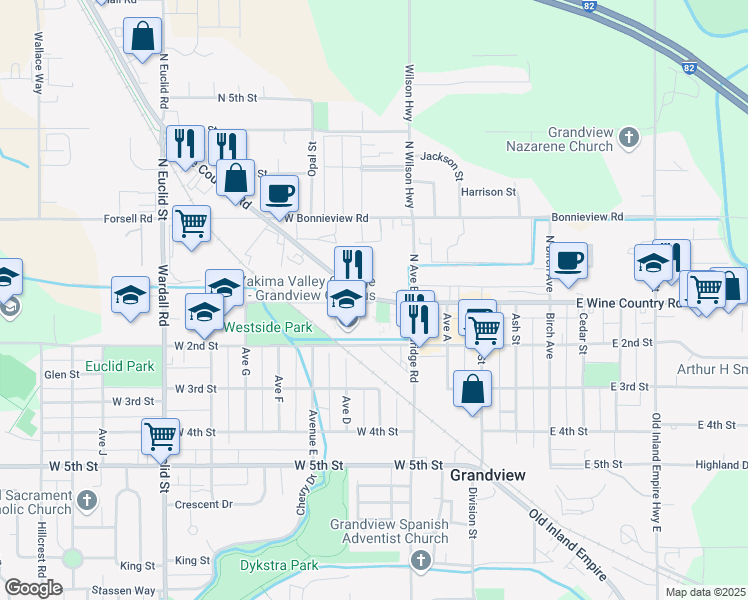 map of restaurants, bars, coffee shops, grocery stores, and more near 402 West Main Street in Grandview