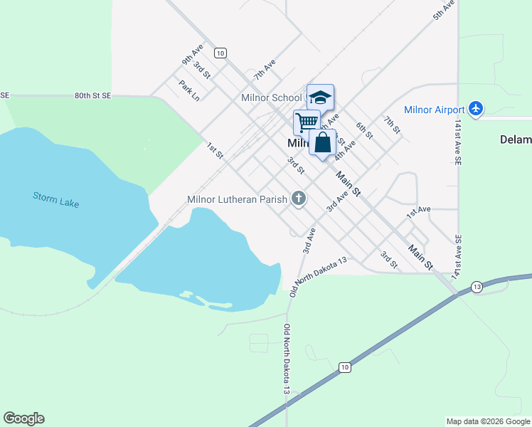 map of restaurants, bars, coffee shops, grocery stores, and more near 301-399 1st St in Milnor