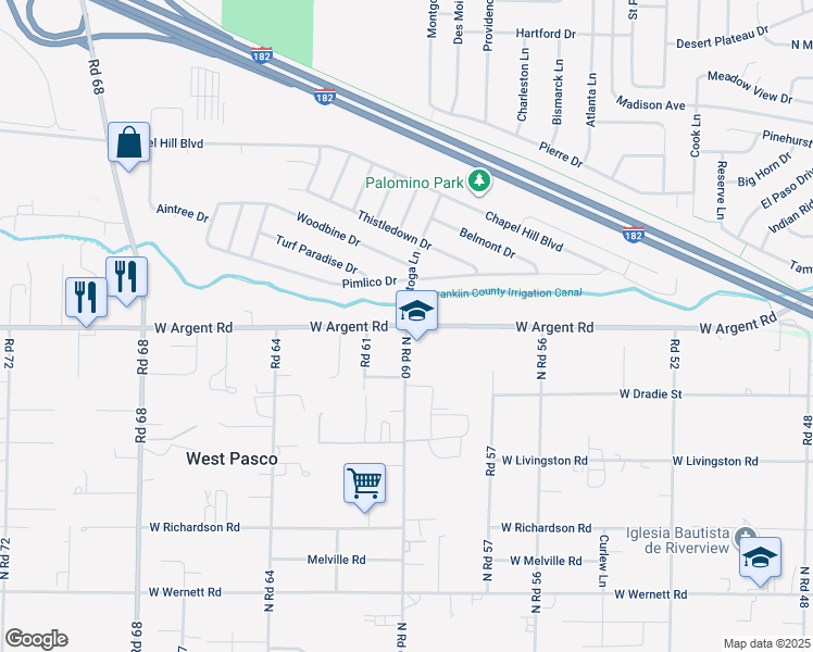 map of restaurants, bars, coffee shops, grocery stores, and more near West Argent Road in Pasco