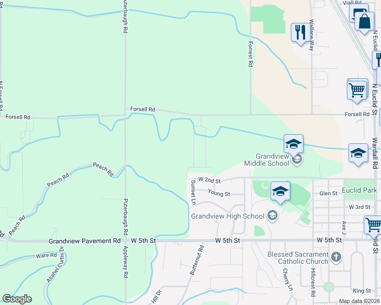 map of restaurants, bars, coffee shops, grocery stores, and more near 650 Forsell Road in Grandview