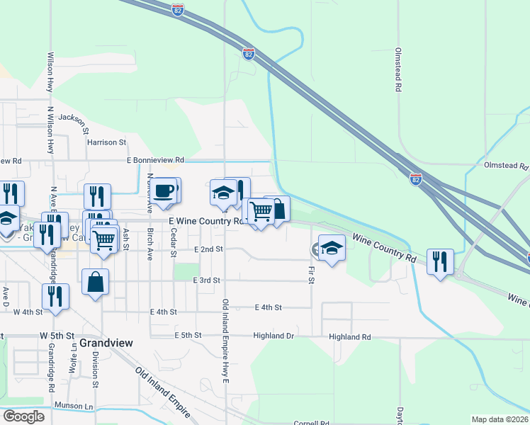 map of restaurants, bars, coffee shops, grocery stores, and more near 700 Washington Street in Grandview