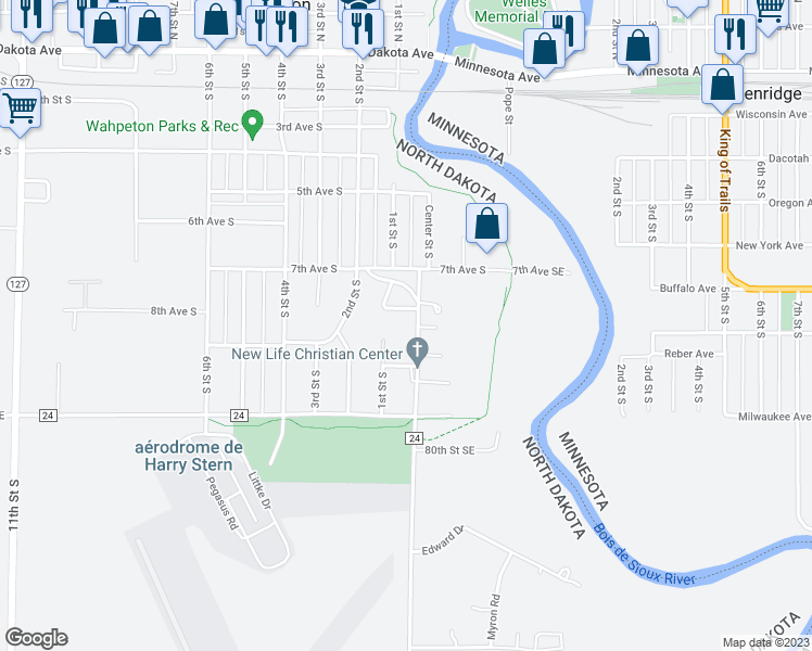 map of restaurants, bars, coffee shops, grocery stores, and more near 809 Center Street South in Wahpeton