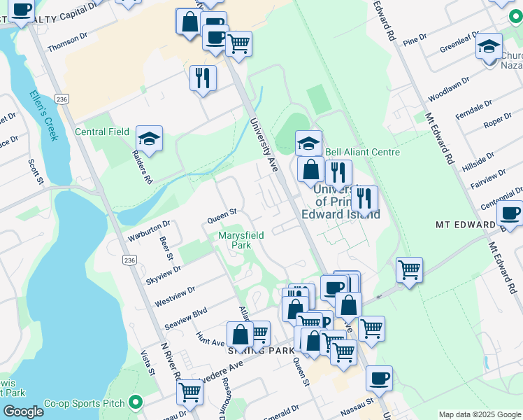 map of restaurants, bars, coffee shops, grocery stores, and more near 17 Brown Court in Charlottetown