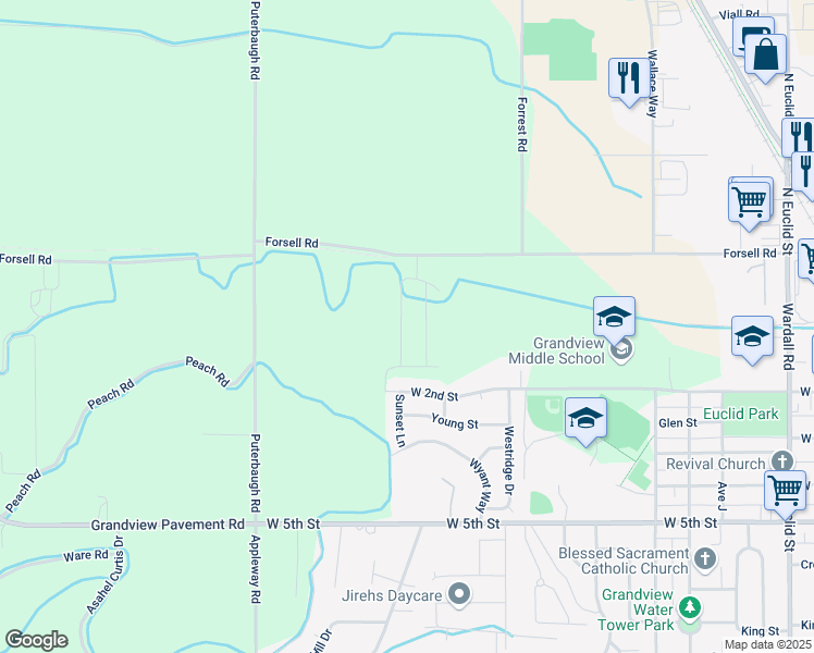 map of restaurants, bars, coffee shops, grocery stores, and more near 650 Forsell Road in Grandview