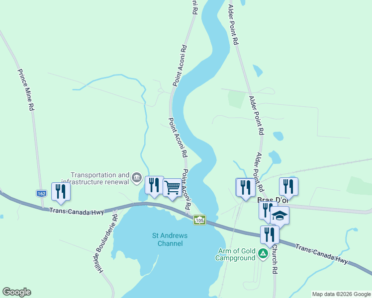 map of restaurants, bars, coffee shops, grocery stores, and more near 48 Point Aconi Road in Bras D'or