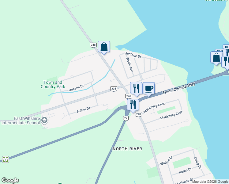 map of restaurants, bars, coffee shops, grocery stores, and more near 13 Kingston Road in Cornwall