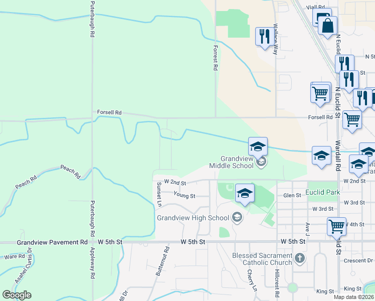 map of restaurants, bars, coffee shops, grocery stores, and more near 108 Westridge Drive in Grandview