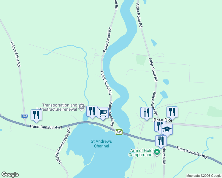 map of restaurants, bars, coffee shops, grocery stores, and more near 48 Point Aconi Road in Bras D'or