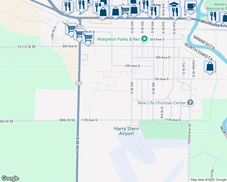 map of restaurants, bars, coffee shops, grocery stores, and more near 704 8th Avenue South in Wahpeton