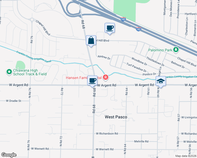 map of restaurants, bars, coffee shops, grocery stores, and more near 6701 West Argent Road in Pasco