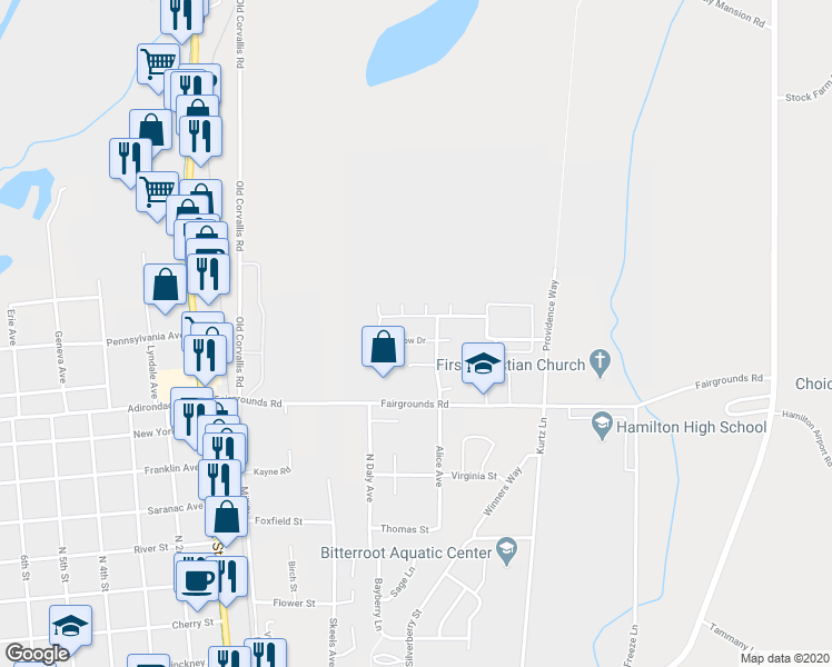 map of restaurants, bars, coffee shops, grocery stores, and more near 108 Meadow Drive in Hamilton