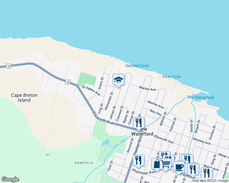 map of restaurants, bars, coffee shops, grocery stores, and more near 242 Alexander Street in New Waterford