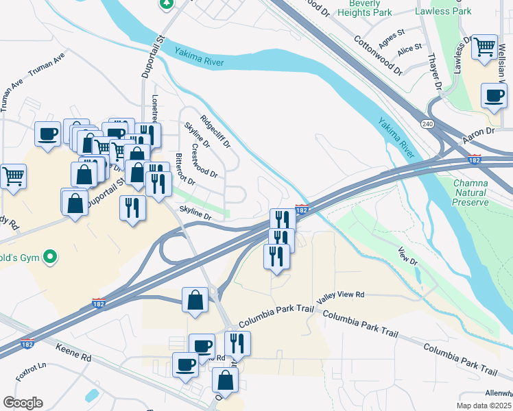 map of restaurants, bars, coffee shops, grocery stores, and more near 630 Skyline Dr in Richland