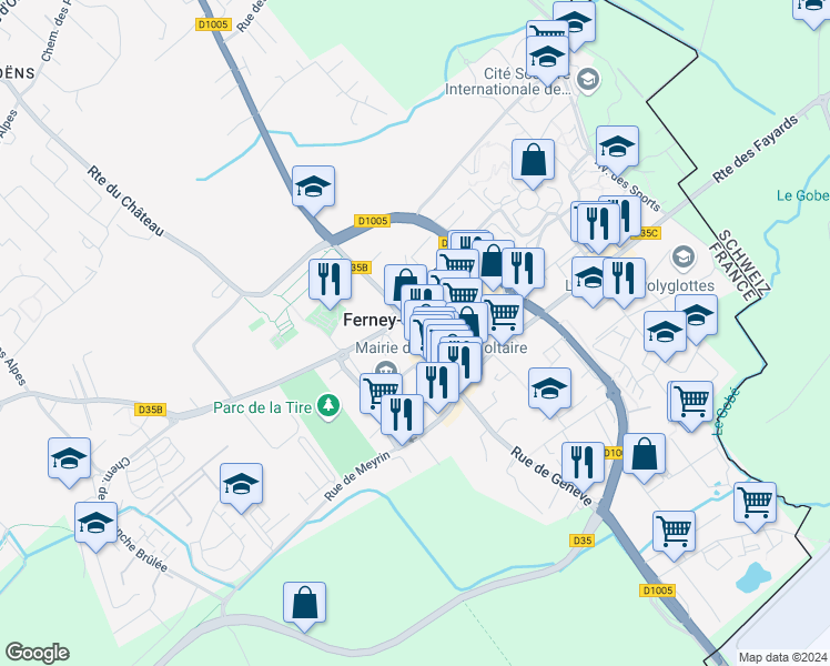 map of restaurants, bars, coffee shops, grocery stores, and more near 30 Grand' Rue in Ferney-Voltaire