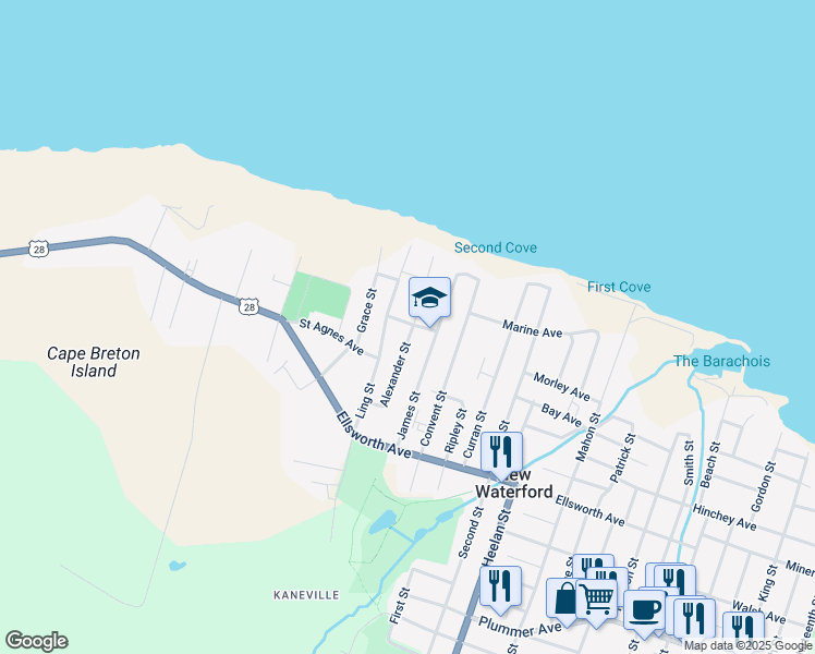 map of restaurants, bars, coffee shops, grocery stores, and more near 242 Alexander Street in New Waterford