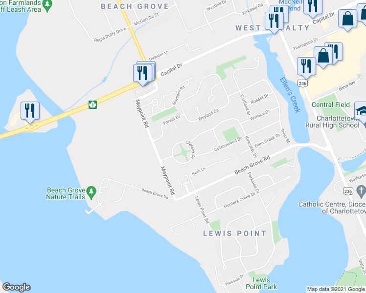 map of restaurants, bars, coffee shops, grocery stores, and more near 5 Chelsey Circle in Charlottetown