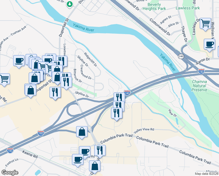 map of restaurants, bars, coffee shops, grocery stores, and more near 630 Skyline Dr in Richland