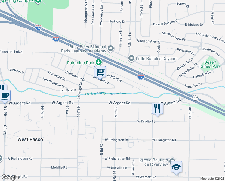 map of restaurants, bars, coffee shops, grocery stores, and more near 5604 Pimlico Drive in Pasco