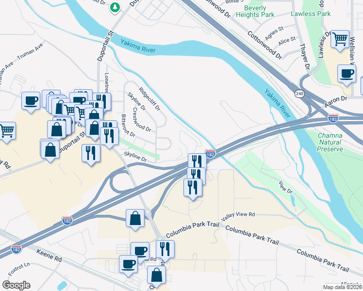 map of restaurants, bars, coffee shops, grocery stores, and more near 630 Skyline Dr in Richland
