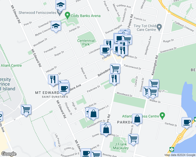 map of restaurants, bars, coffee shops, grocery stores, and more near 74 Parkview Drive in Charlottetown