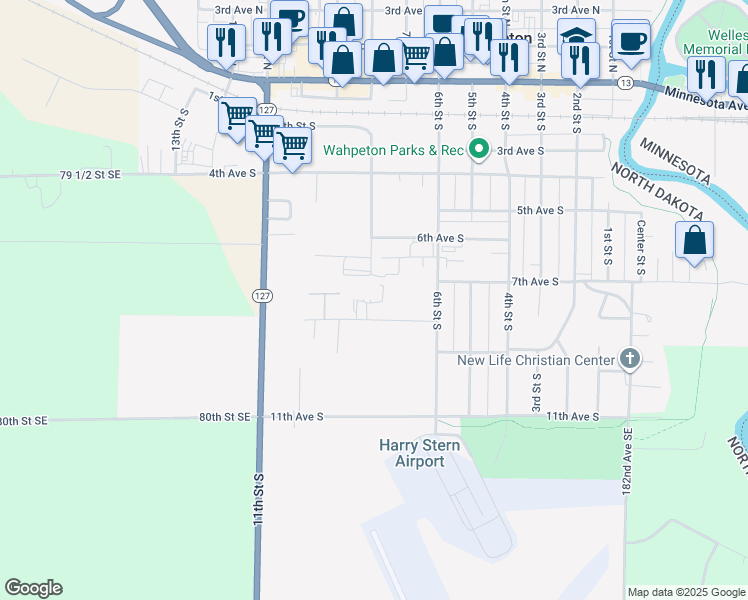 map of restaurants, bars, coffee shops, grocery stores, and more near 704 8th Avenue South in Wahpeton