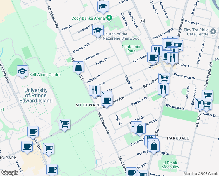 map of restaurants, bars, coffee shops, grocery stores, and more near 27 Centennial Drive in Charlottetown