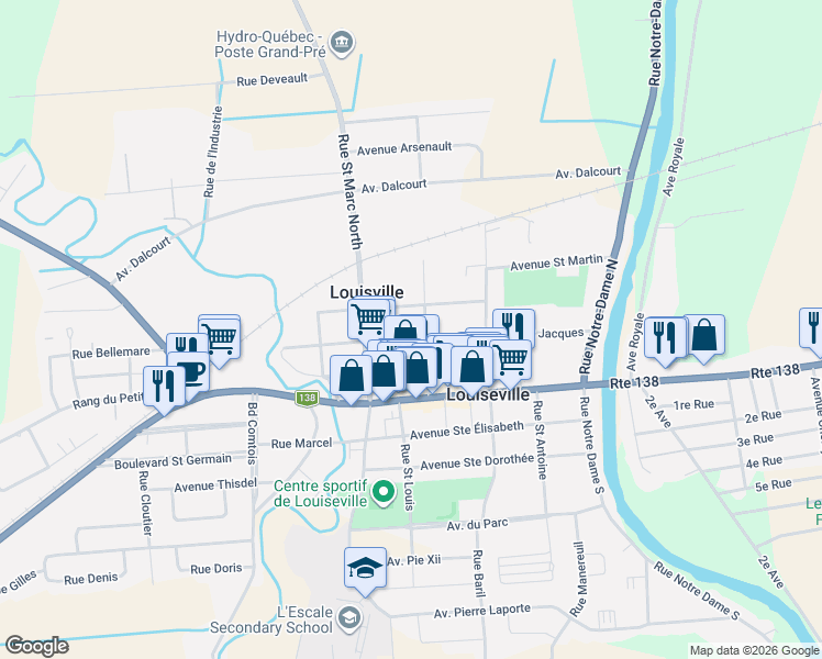 map of restaurants, bars, coffee shops, grocery stores, and more near 332 Avenue Saint Jacques in Louiseville