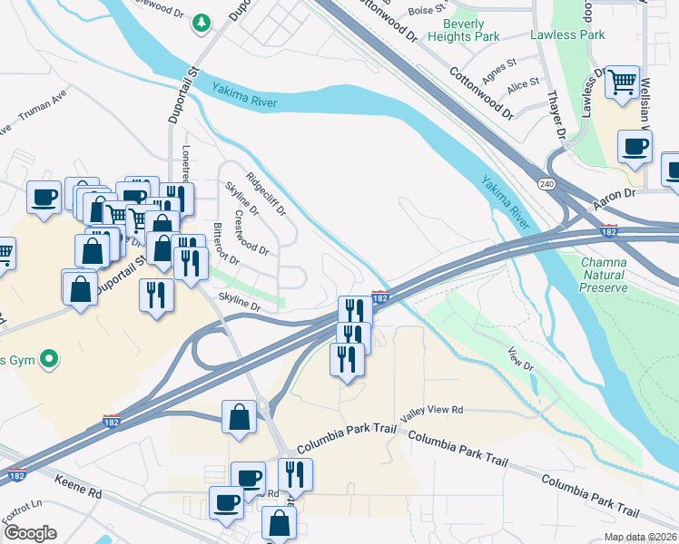 map of restaurants, bars, coffee shops, grocery stores, and more near 638 Skyline Drive in Richland