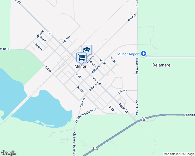 map of restaurants, bars, coffee shops, grocery stores, and more near 301-399 5th St in Milnor