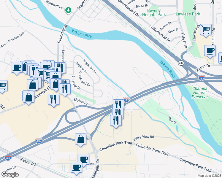 map of restaurants, bars, coffee shops, grocery stores, and more near 638 Skyline Drive in Richland