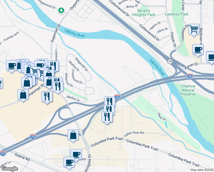 map of restaurants, bars, coffee shops, grocery stores, and more near 638 Skyline Drive in Richland