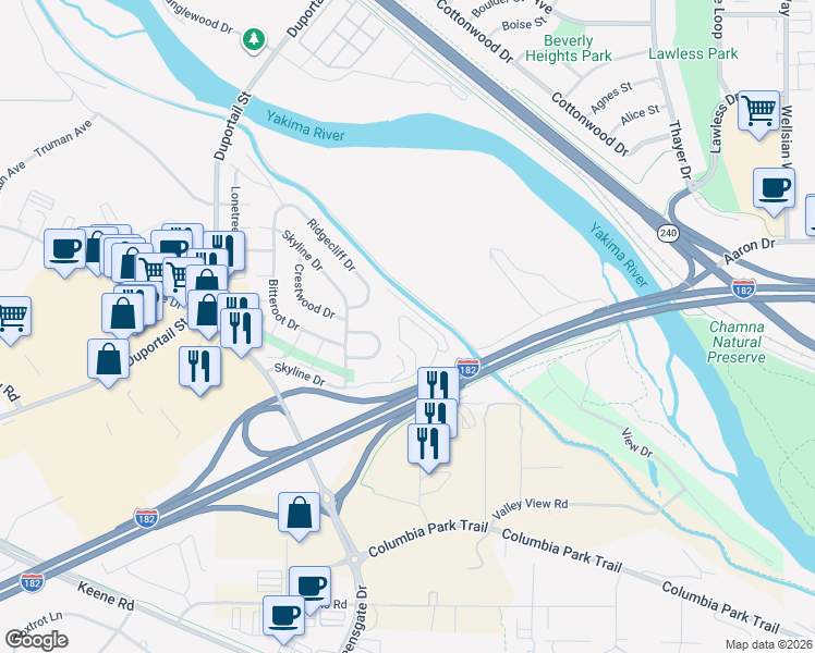 map of restaurants, bars, coffee shops, grocery stores, and more near 638 Skyline Drive in Richland