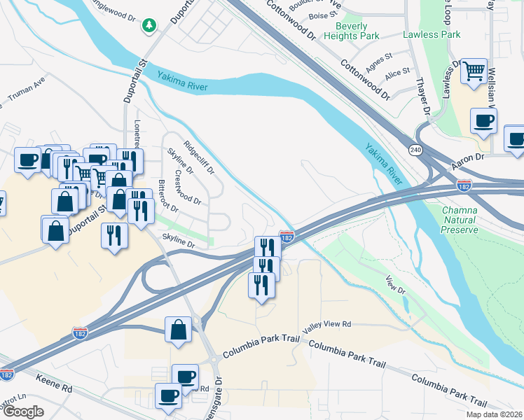 map of restaurants, bars, coffee shops, grocery stores, and more near 638 Skyline Drive in Richland