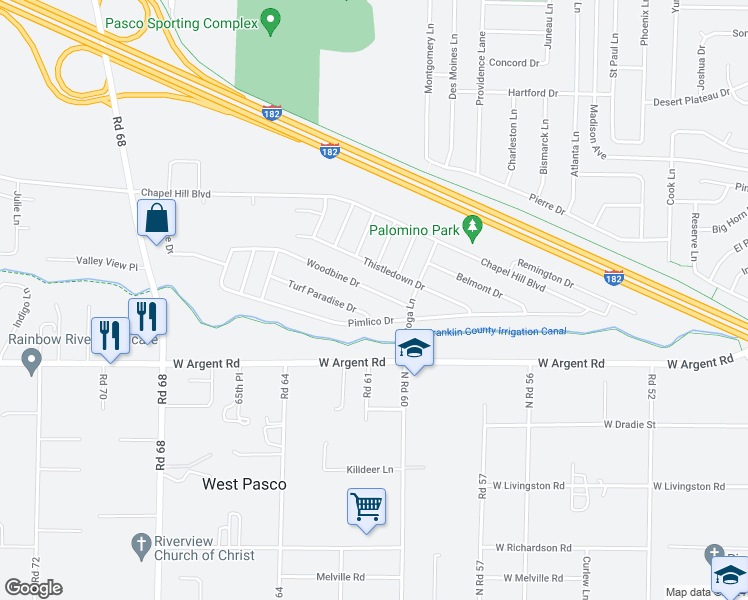 map of restaurants, bars, coffee shops, grocery stores, and more near 6104 Woodbine Drive in Pasco