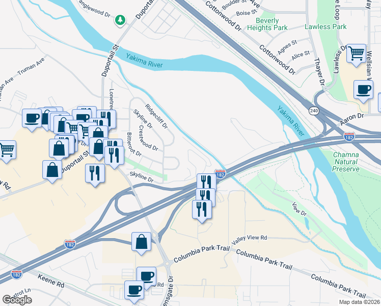 map of restaurants, bars, coffee shops, grocery stores, and more near 638 Skyline Drive in Richland