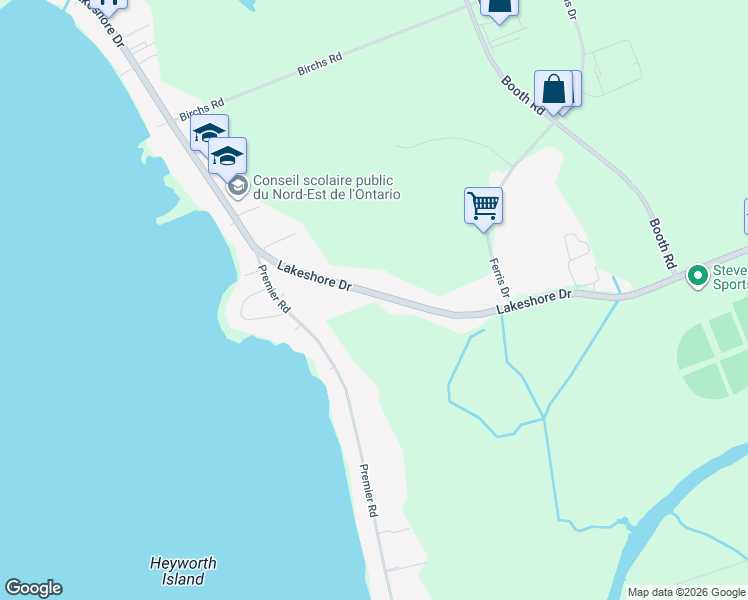 map of restaurants, bars, coffee shops, grocery stores, and more near 947 Lakeshore Drive in North Bay