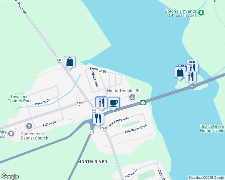 map of restaurants, bars, coffee shops, grocery stores, and more near 39 Lakeview Drive in Cornwall