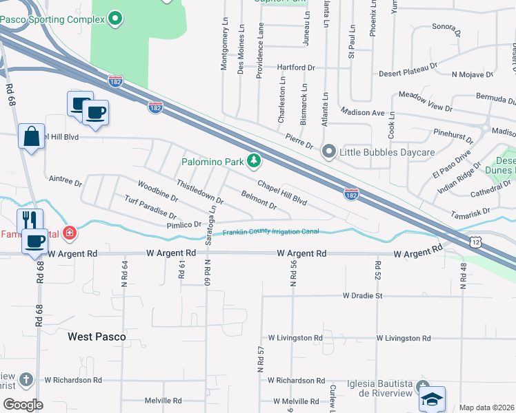 map of restaurants, bars, coffee shops, grocery stores, and more near 5707 Belmont Drive in Pasco