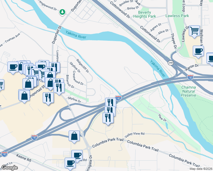 map of restaurants, bars, coffee shops, grocery stores, and more near 638 Skyline Drive in Richland