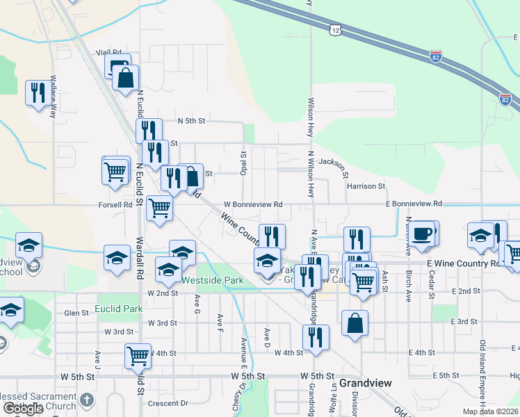 map of restaurants, bars, coffee shops, grocery stores, and more near 2-398 Forsell Road in Grandview