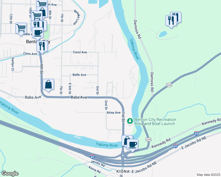 map of restaurants, bars, coffee shops, grocery stores, and more near 110 Babs Ave in Benton City