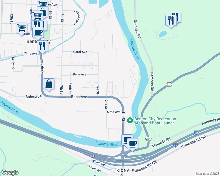 map of restaurants, bars, coffee shops, grocery stores, and more near 110 Babs Avenue in Benton City