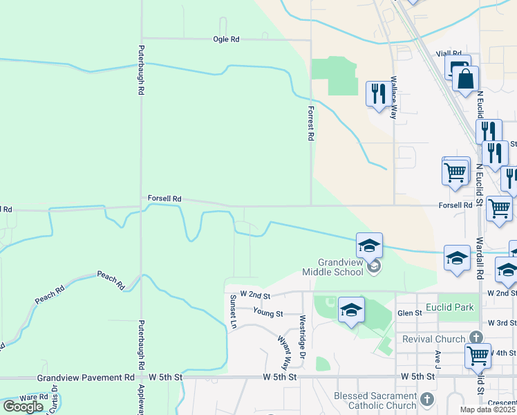 map of restaurants, bars, coffee shops, grocery stores, and more near 650 Forsell Road in Grandview