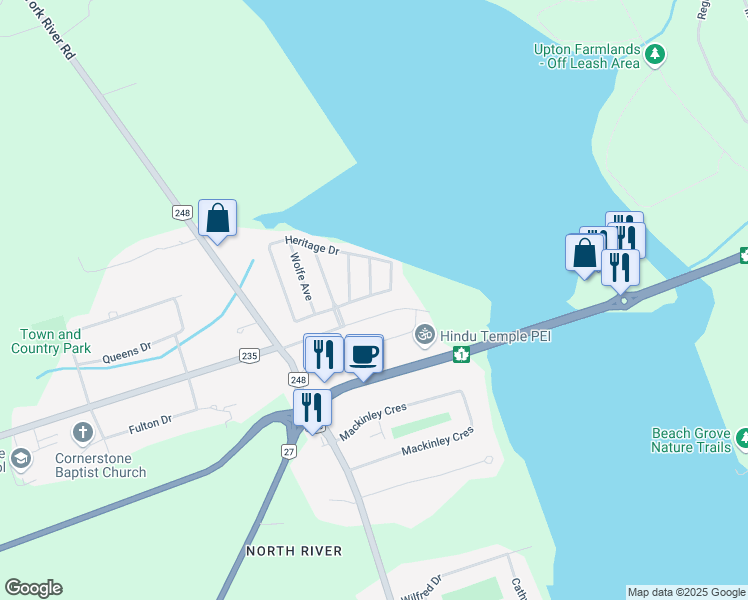 map of restaurants, bars, coffee shops, grocery stores, and more near 10 Heritage Drive in Cornwall