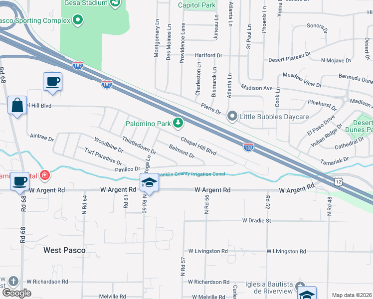 map of restaurants, bars, coffee shops, grocery stores, and more near 5707 Belmont Drive in Pasco
