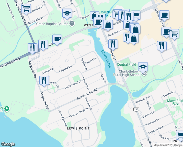 map of restaurants, bars, coffee shops, grocery stores, and more near 18 Cottonwood Drive in Charlottetown