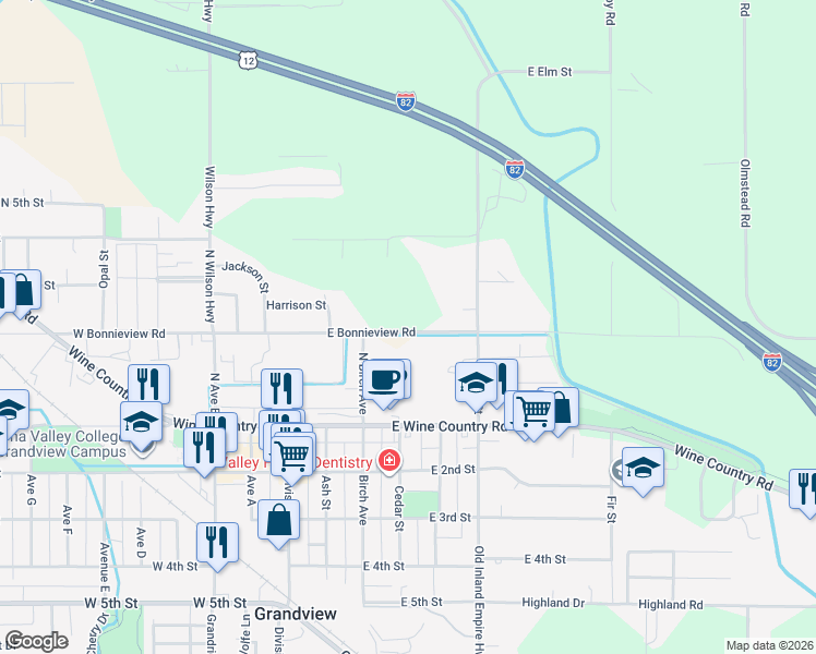map of restaurants, bars, coffee shops, grocery stores, and more near 500-698 East Bonnieview Road in Grandview