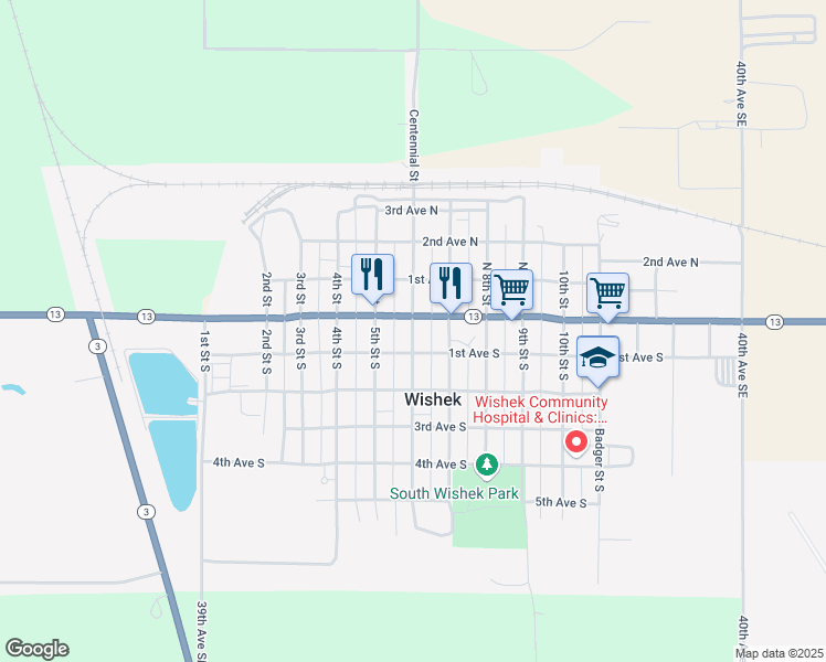 map of restaurants, bars, coffee shops, grocery stores, and more near 21 Centennial Street in Wishek
